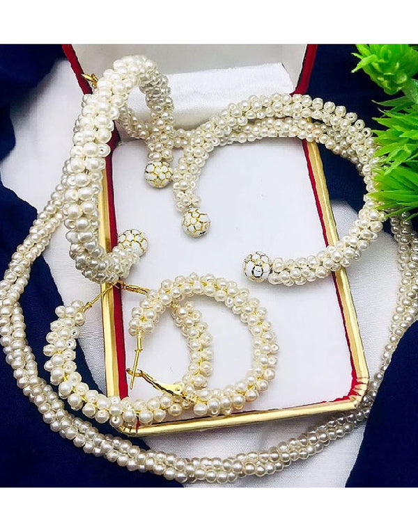 Elegant Faux Pearl Mala Set with Pearl Kangan & Earrings