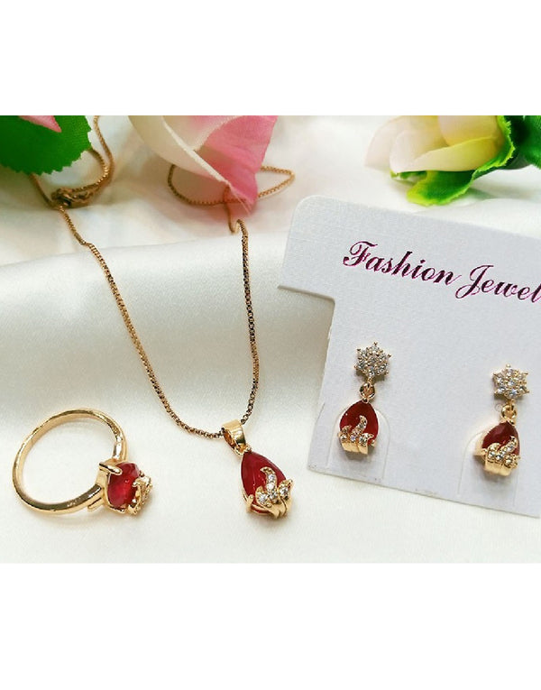 Beautiful Red Faux Ruby Necklace, Earrings & Ring Jewelry Set