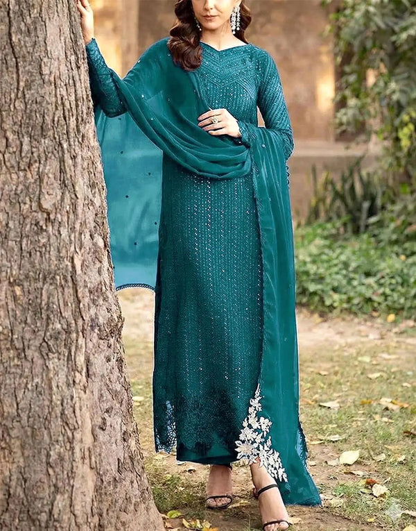 Glittering Full-Front Sequins Embroidered Teal Blue Chiffon Dress for Party & Wedding Wear