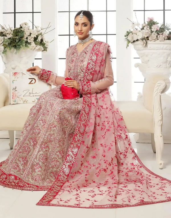 Mushq Semi-Stitched Intricate Embroidered Blush Pink Net Maxi Dress with Embroidered Potli Pouch