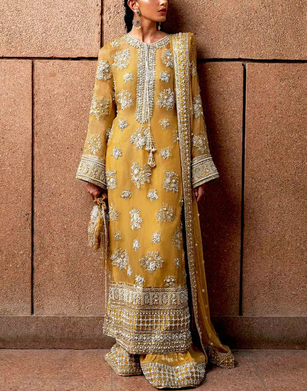 Finest Embroidered with Heavy Handwork Deep Golden Yellow Organza Bridal Dress - Ideal for Mehndi Event
