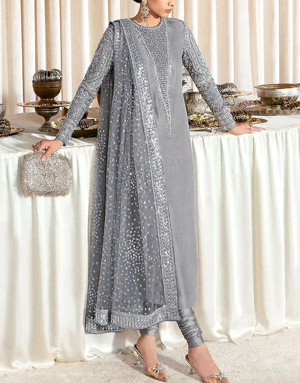 Glam Shine Intricate Hand‑Embellished Silver Grey Raw Silk Wedding Dress - Most Demanding Design