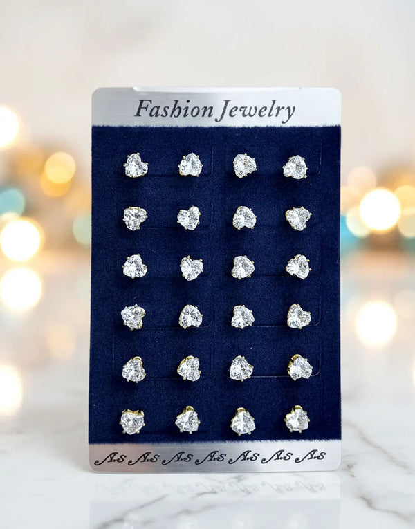 12 Pairs Classic White Heart Shaped Ladies Zirconia Stud Earrings Jewelry Gift