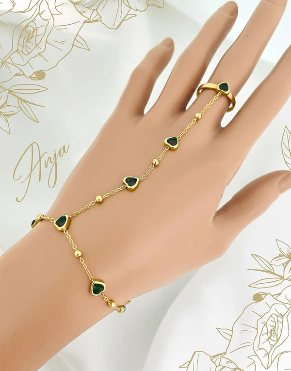 Gold Plated Stainless Steel Anja Bracelet Ring Set with Black Stone Heart Charm