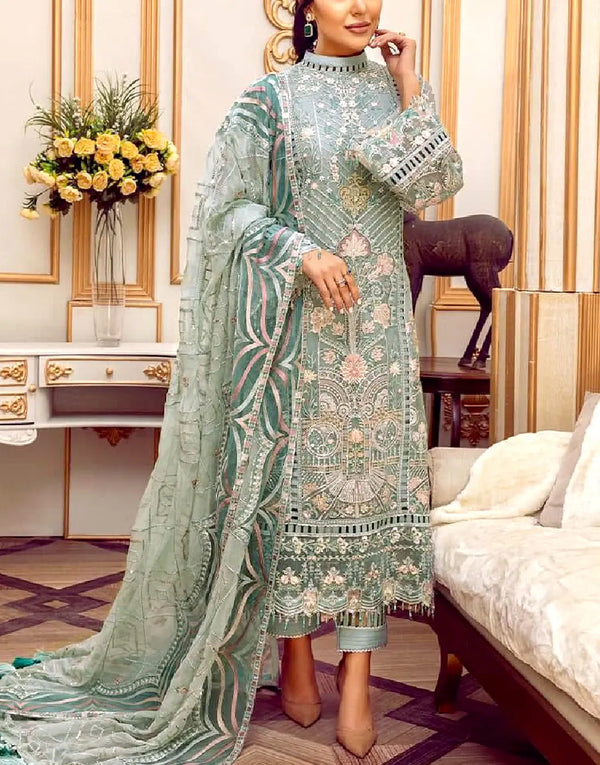 Luxurious Embroidered Mint Green Chiffon Dress - Ideal for Party & Wedding Wear