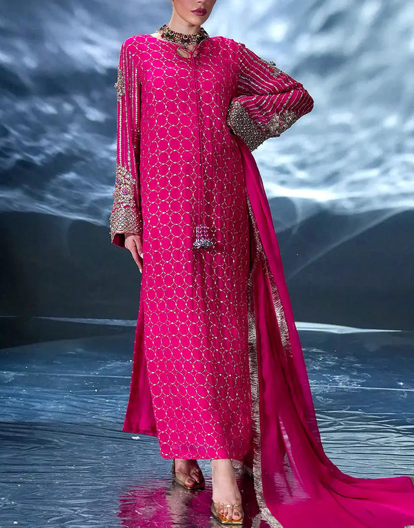 Exquisite Embroidered Shocking Pink Chiffon Party Wear Outfit with Silk Trouser