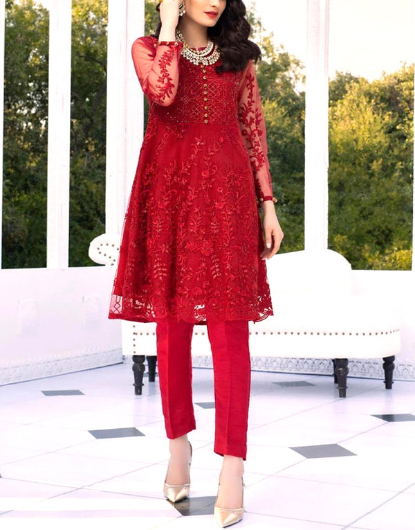 2-Piece Embroidered Red Net Party Wear Dress