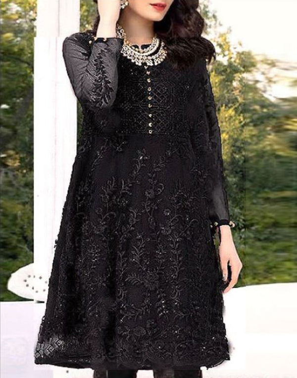 2-Piece Embroidered Black Net Party Wear Dress