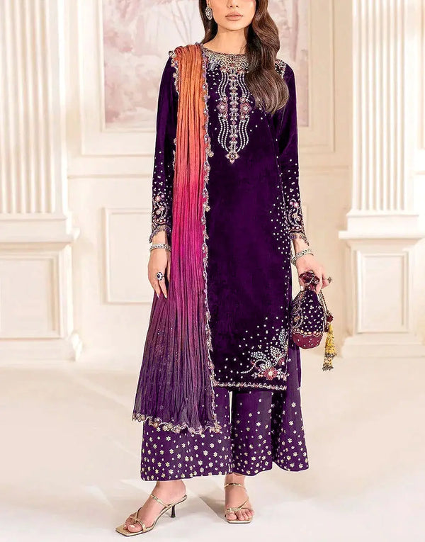 Contemporary Embroidered Royal Purple Velvet Wedding Dress with Matching Velvet Pouch
