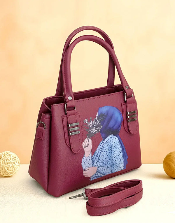 Stylish Hijabi Girl Printed Red Violet Synthetic Leather Handbag