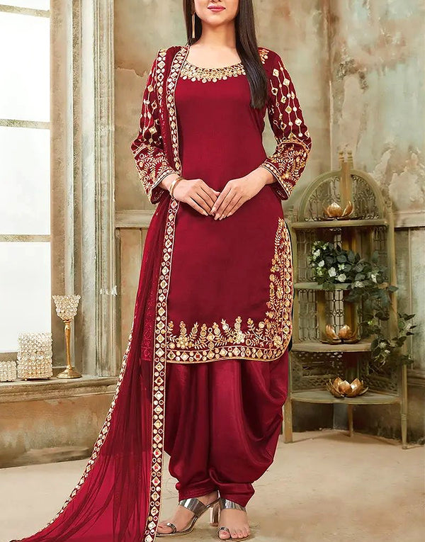 Indian Embroidered & Mirror Work Maroon Chiffon Dress