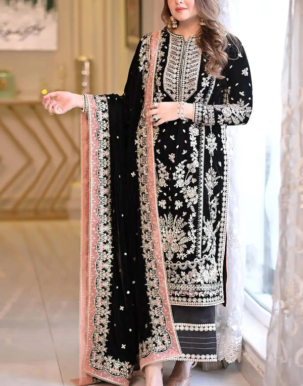 Glamorous Embroidered Black Chiffon Wedding Dress with Hand Embellishments