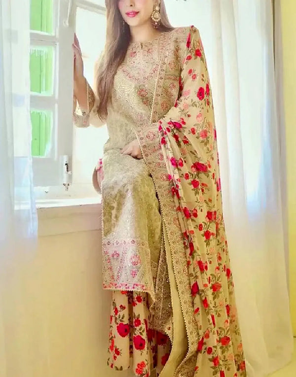 Aneela's Luxury Embroidered Beige Organza Dress for Party & Formal Wear