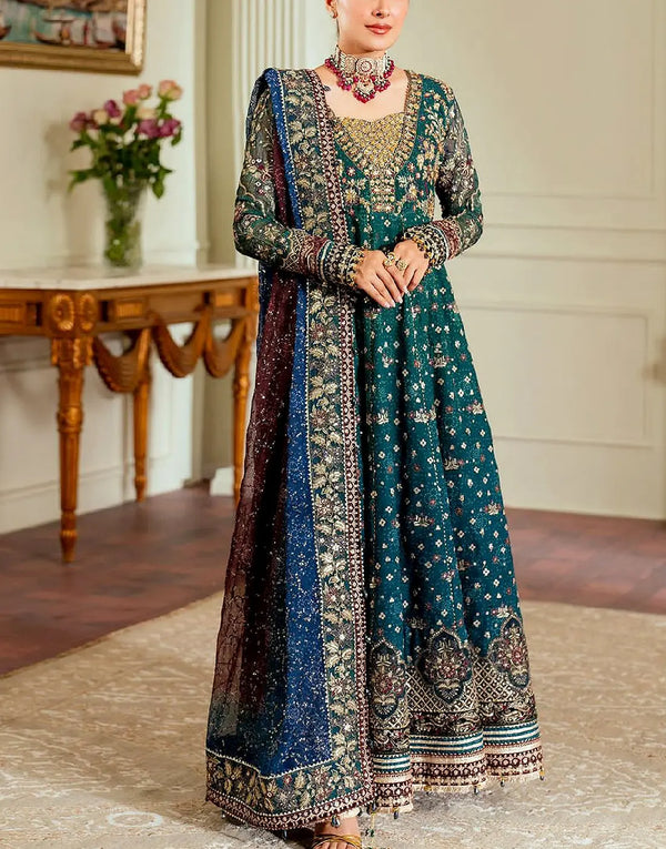 Luxury Embroidered Peacock Blue Chiffon Maxi Dress Design for Mehndi & Weddings