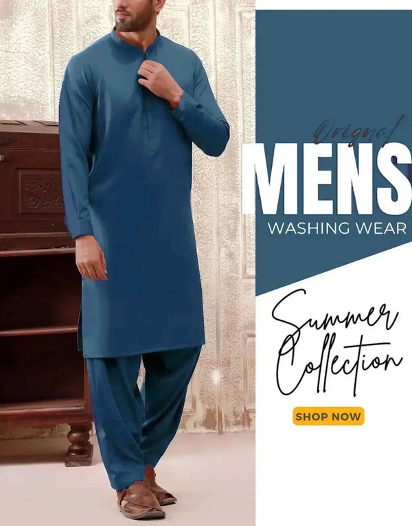 Italian Boski Zinc Blue Wash & Wear Men’s Shalwar Kameez – Unstitched Formal & Eid Suit