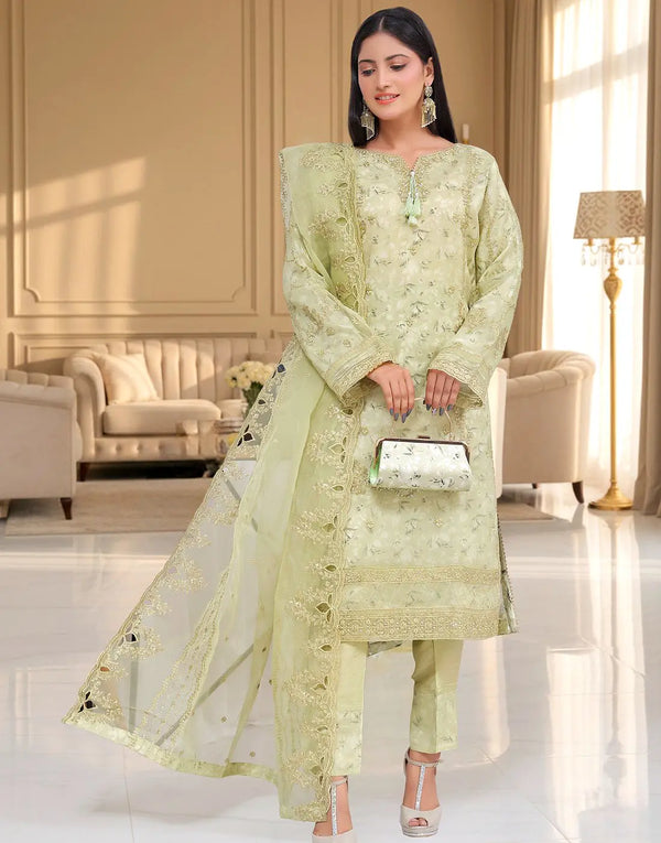 Haleema Semi-Stitched Premium Embroidered Organza Party Dress with Matching Cutch Bag