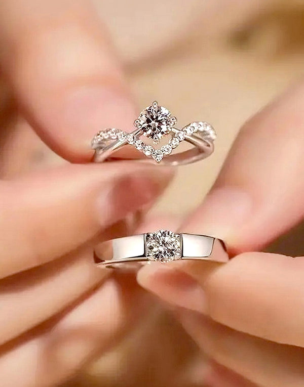 Pair of 2 Adjustable Silver Cubic Zirconia Engagement Rings