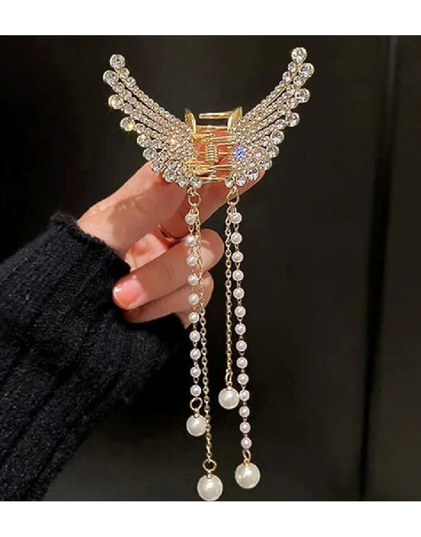 Rhinestone Pearl Angel Wings Design Hair Catcher - Golden