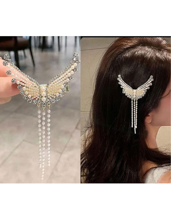 Rhinestone Pearl Angel Wings Design Headdress Hair Clip