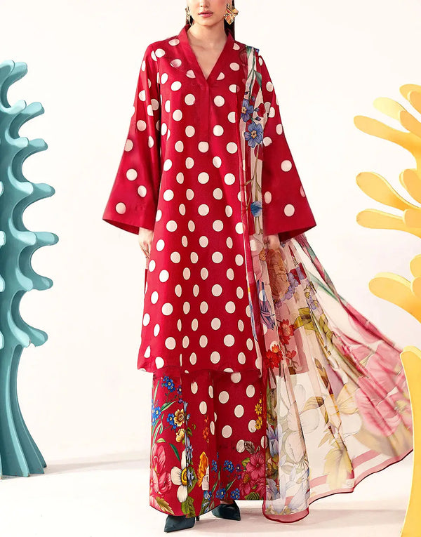 All-Over Polka Dot Print 3-Piece Lawn Dress 2026 with Soft Chiffon Dupatta