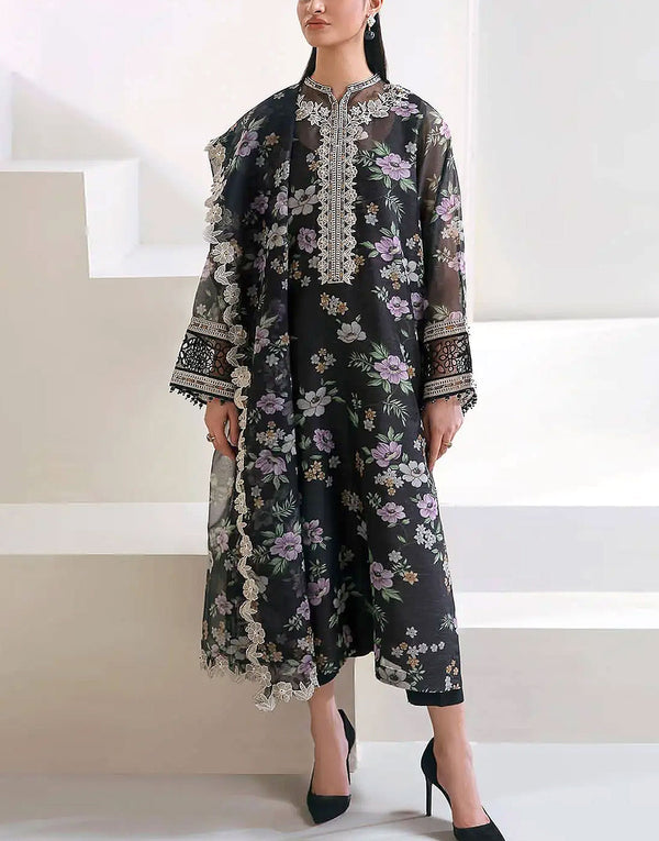 Embroidered Cotton Net Dress with Organza Dupatta