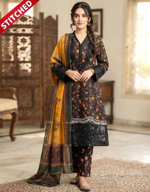 Readymade 3-Piece Embroidered Black Cotton Dress for Formal & Party Wear