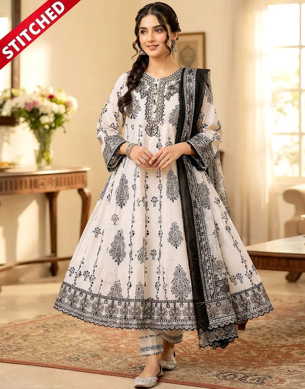 Stitched 3-Piece Embroidered White Cotton Frock - Ideal for Office & Formal Events