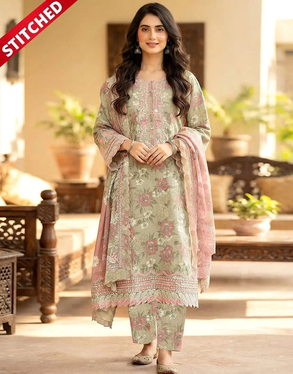 Ready to Wear 3-Piece Embroidered Sage Green Cotton Lawn Dress - Ideal for Office & Formal Occasions