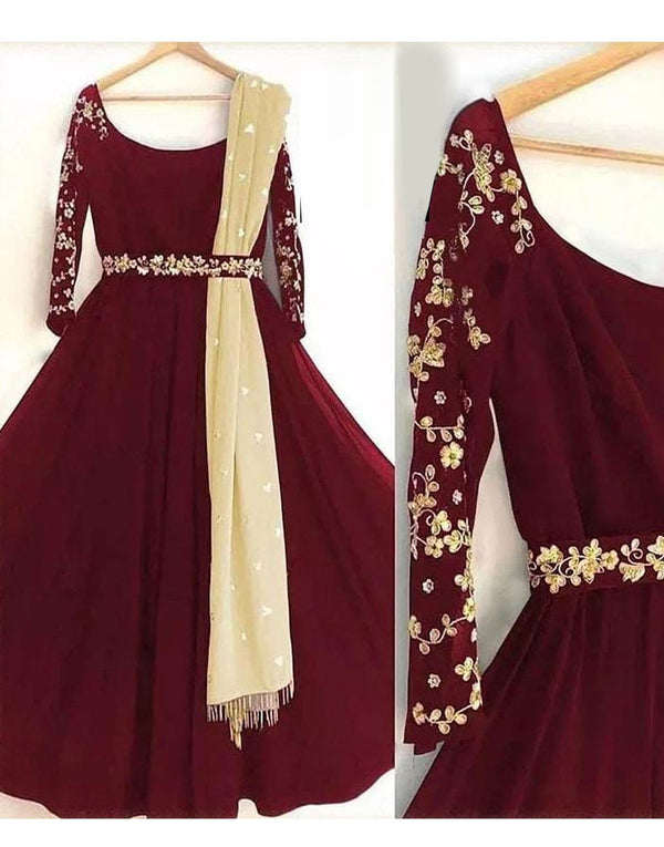 Readymade Embroidered Shamoz Silk Maxi with Net Dupatta