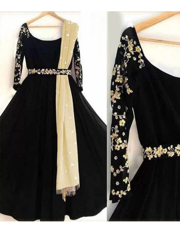 Readymade Embroidered Shamoz Silk Maxi with Net Dupatta