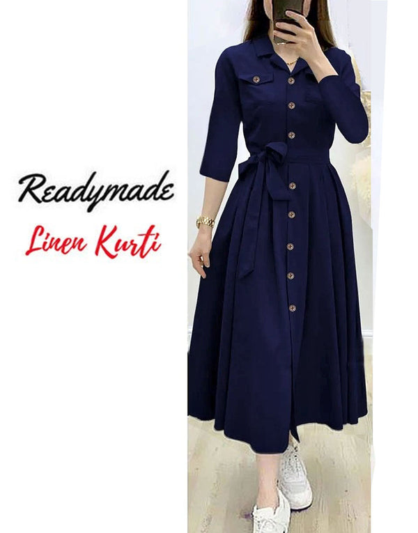 Readymade Linen Shirt for Girls - Navy Blue