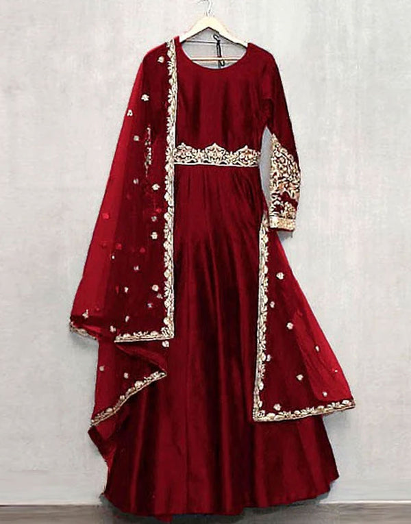 Readymade 3-Piece Embroidered Silk Maxi Dress with Embroidered Chiffon Dupatta