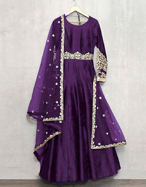 Readymade 3-Piece Embroidered Silk Maxi Dress with Embroidered Chiffon Dupatta
