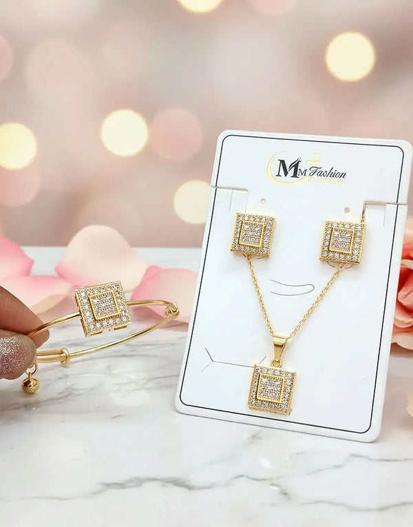 Rhinestone Studded Gold Plated Jewelry Set with Bracelet, Earrings and Necklace