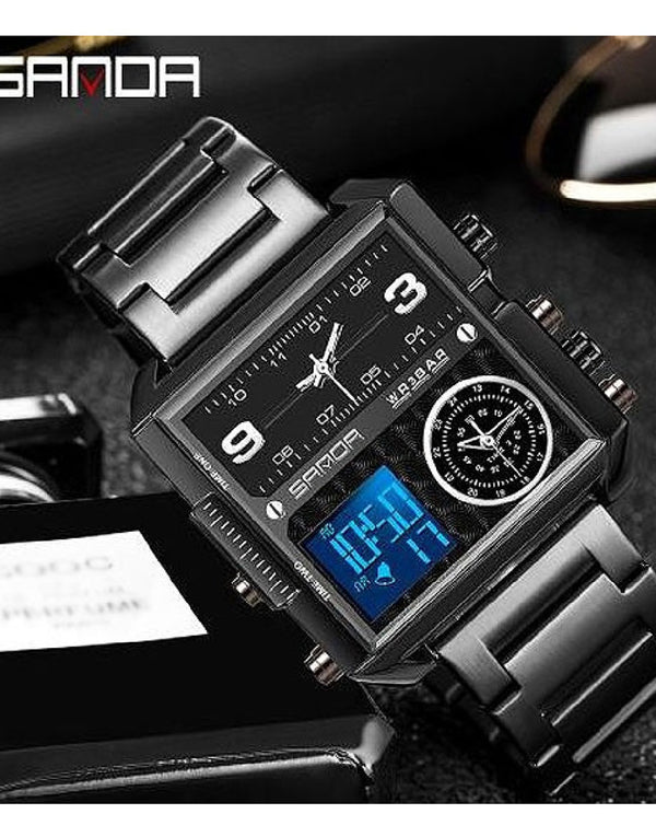 Original Sanda WR3BAR Men's Triple Time Stainless Steel Watch 6023