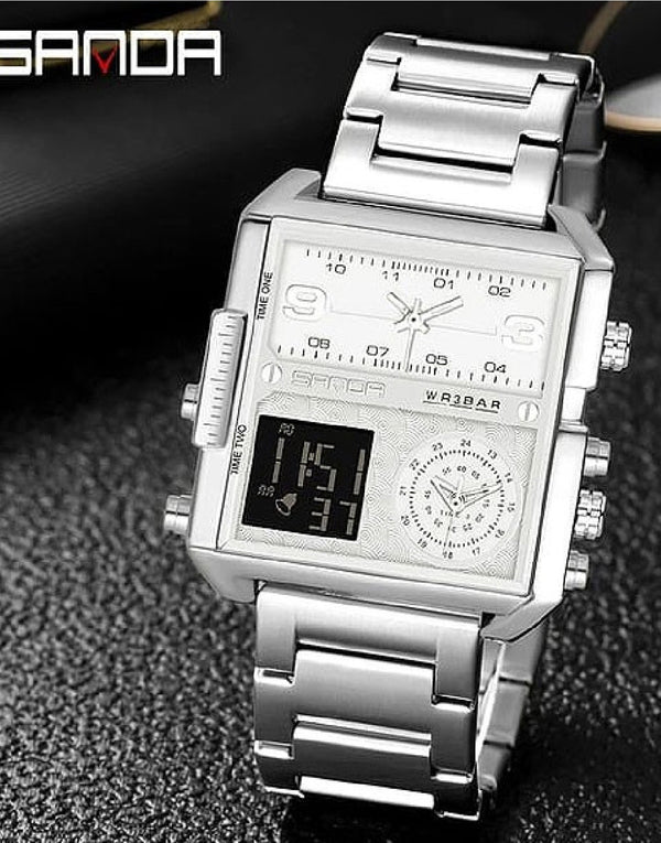 Original Sanda WR3BAR Men's Triple Time Stainless Steel Watch 6023