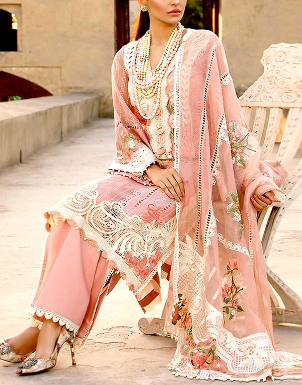 Luxury Schiffli Embroidered Pink Cotton Lawn Dress with 4-Side Emb. Chiffon Dupatta