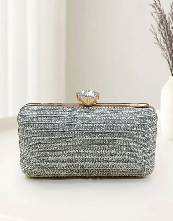 Glitter Silver Diamante Clutch Purse for Formal & Party Wear