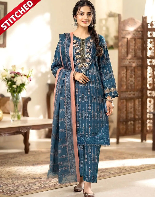 Stitched 3-Piece Embroidered Teal Blue Cotton Formal Dress with Hand Embellishments