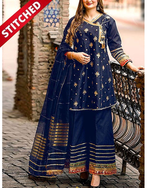 Ready-to-Wear Angrakha Style Embroidered Raw Silk Party Wear Dress