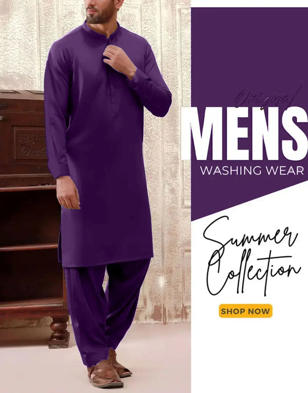 Italian Boski Purple Wash & Wear Men’s Shalwar Kameez – Unstitched Formal & Eid Suit