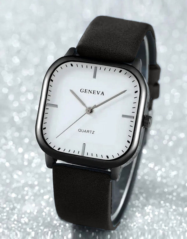 Unisex PU Leather Strap Casual Watch - Black