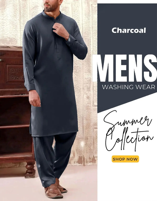 Italian Boski Charcoal Wash & Wear Men’s Shalwar Kameez – Unstitched Formal & Eid Suit