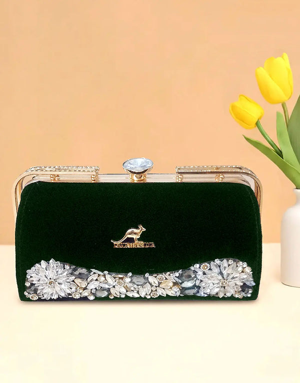 Luxe Bottle Green Velvet Evening Handbag for Women