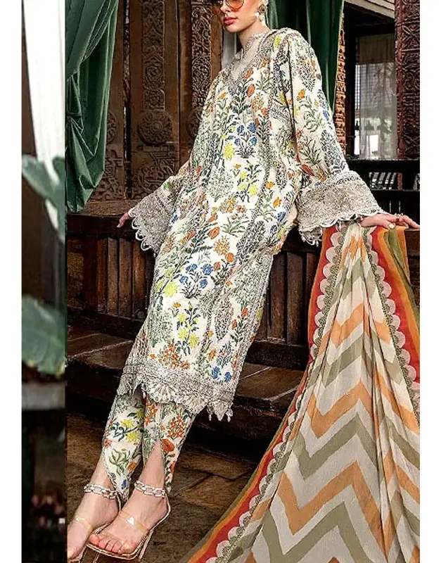 Unstitched All-Over Print Embroidered Lawn 3-Piece Suit with Heavy Embroidered Neck Patch and Printed Chiffon Dupatta.