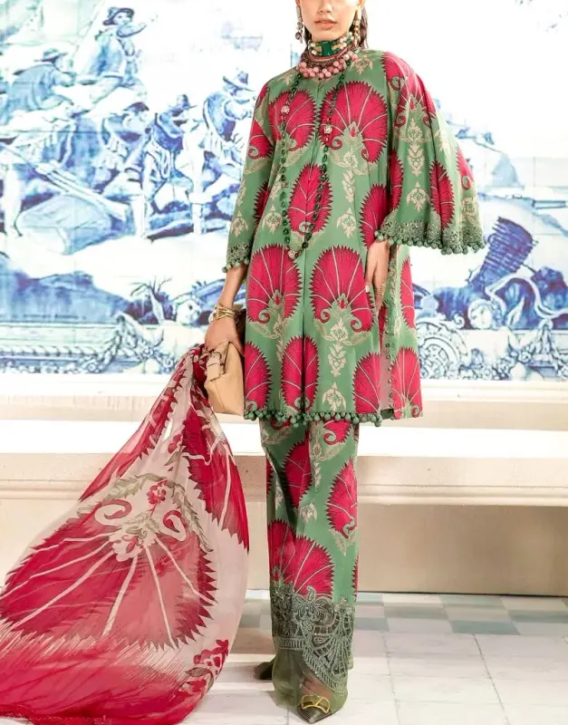 Unstitched All-Over Print Lawn 3-Piece Suit with embroidered patches and a Printed Soft Chiffon Dupatta.