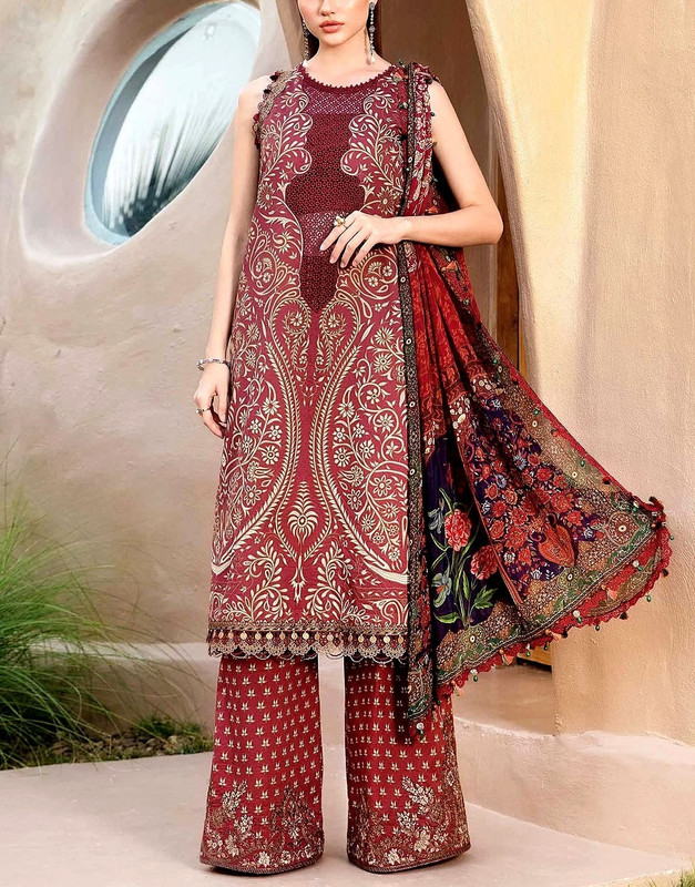 Unstitched Schiffli Embroidered Printed Lawn Suit 3-Pc with Printed Soft Chiffon Dupatta (2025).