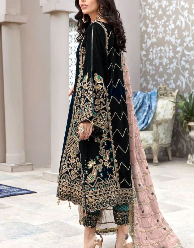 Black Velvet Bridal Dress with heavy zari embroidery and printed Jamawar trouser