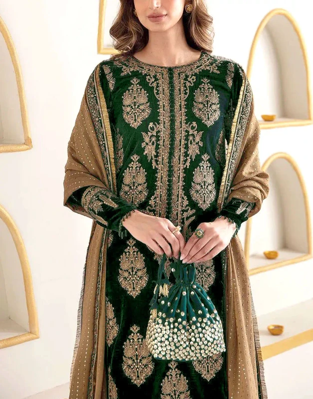 Royal Bottle-Green Velvet Wedding Dress with heavy zari embroidery and kiran lace chiffon dupatta