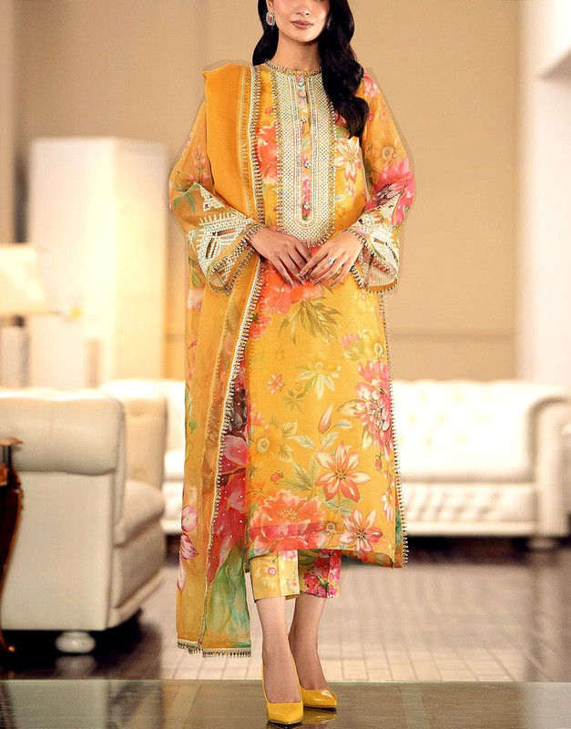 Designer All-Over Print Embroidered Lawn 3-Piece Suit with Printed Chiffon Dupatta and 4-Side Border Lace.